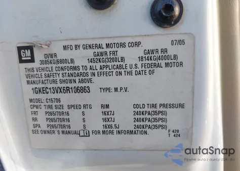 2006 GMC Yukon Sle из США, поврежденный, VIN 1GKEC13VX6R106863